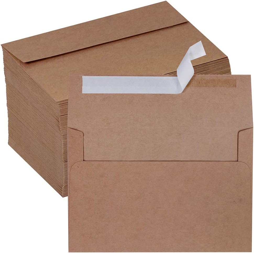 Winlyn 150 Pcs A8 Invitation Envelopes in Brown Kraft Peel & Press Self Seal 5 1/2 x 8 1/8 Envelopes 100lbs. Paper Stock for Wedding Holiday Party Invitation Reply Mailings 5x7 Photo Greeting Cards