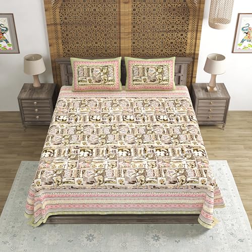 Image of BLOCKS OF INDIA Hand Block Printed 300 TC Cotton Super King Size Bedsheet(106 x 106) (Brush Green)