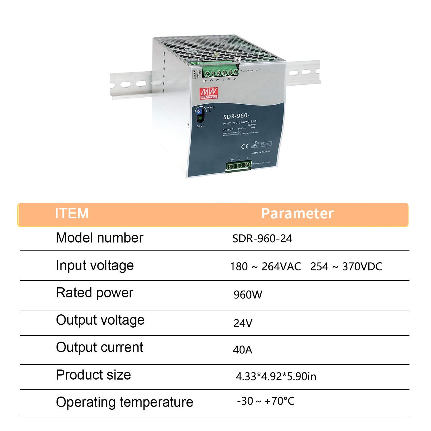 SDR-960-24 960W 24V 40A Fuente de alimentación industrial - Alta potencia, 94% de eficiencia, redundancia paralela para equipos de fabricación de semiconductores críticos, montaje en riel DIN