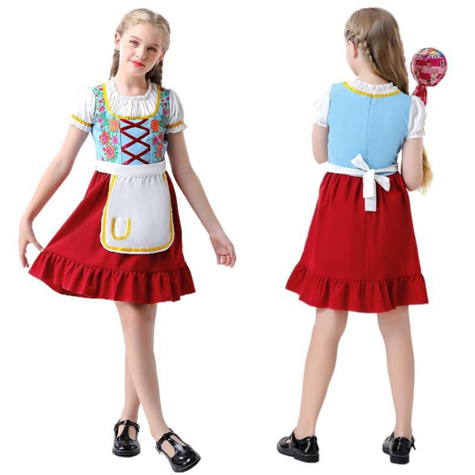 Generisch Traje para niña de manga corta y delantal, 2 piezas, longitud hasta la rodilla, Oktoberfest