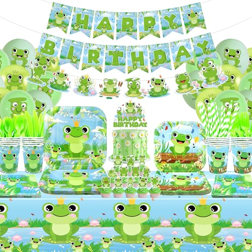 Obussgar Frog Birthday Party Decorations - Frog Party Supplies including Banner Plate Cake Topper Cup Napkin Balloon Tablecloth for Frog Party Decoration - Serves 20 (B)