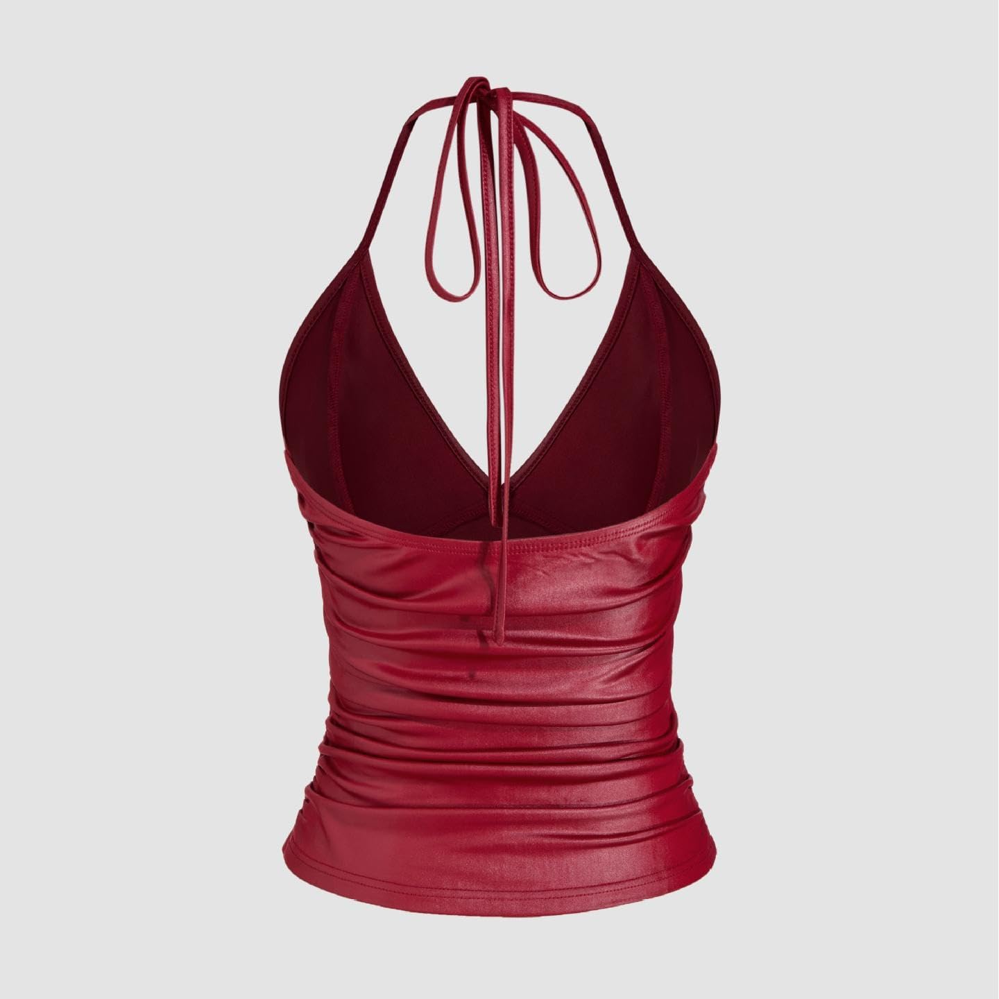 Women Sexy Pu Leather Tie Back Halter Top Summer Slim Fit Ruched Side Deep V Neck Sleeveless Backless Cami Shirt - Image 8