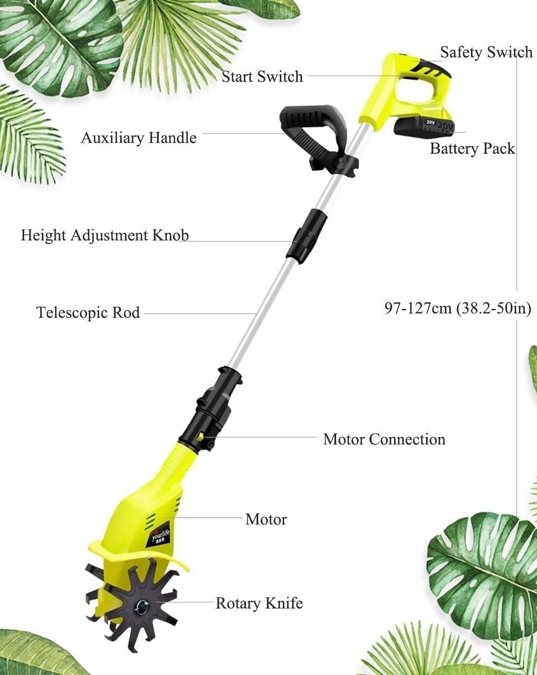 Motoazada para jardín, Rotavator Motoazada a batería con batería de Litio, Ancho de Trabajo 10 cm, Profundidad 25 cm, con batería de Litio de 2,0 Ah y Cargador rápido para huertos