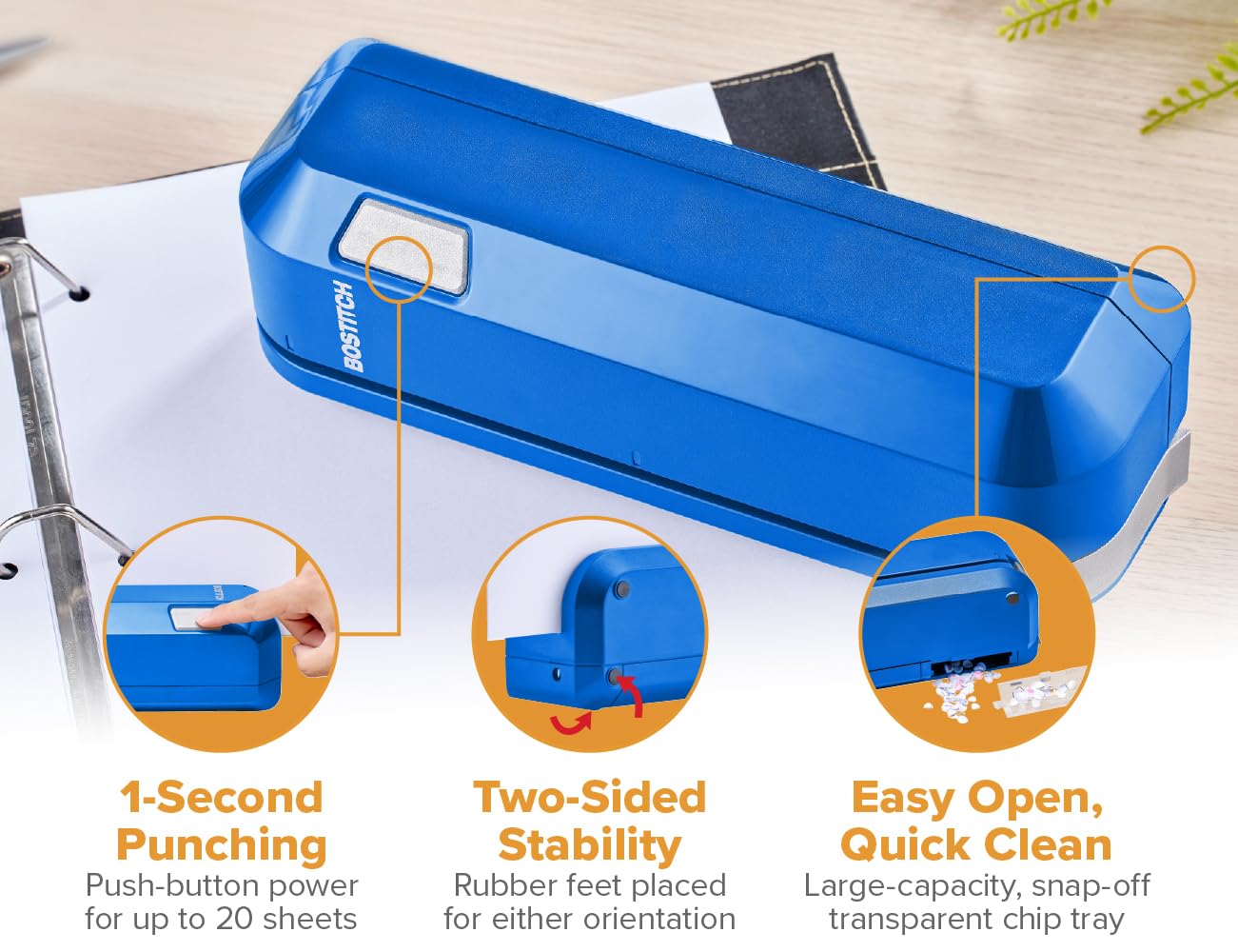Bostitch Office Elektrischer 3-Locher, doppeltes Papierladen, robust, Kapazität 20 Blatt ohne Papierstau, AC-Adapter oder batteriebetrieben, platzsparend, Blau (EHP20-BLUE)