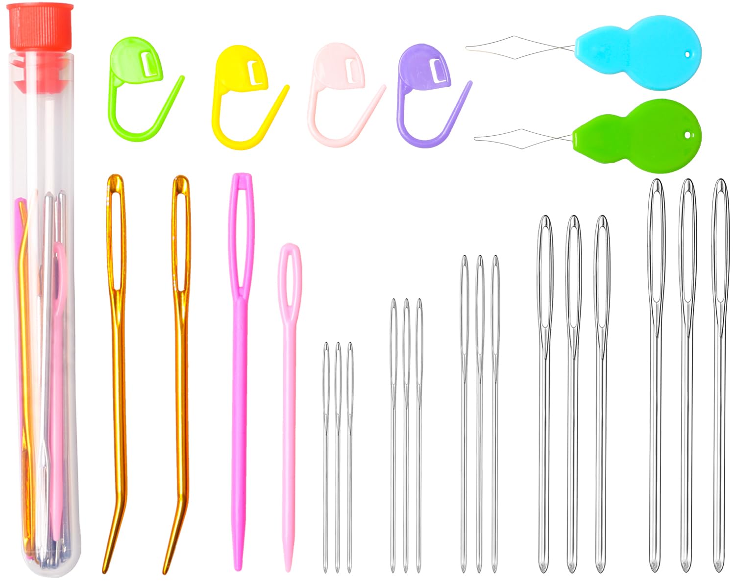 Hekisn 25Pcs Large Eye Blunt Yarn Needles kit, Assorted Sizes Bent Tapestry Darning Needle, Sewing Needles with Needle Threaders &amp; Stitch Markers for Knitting Crochet (Red)
