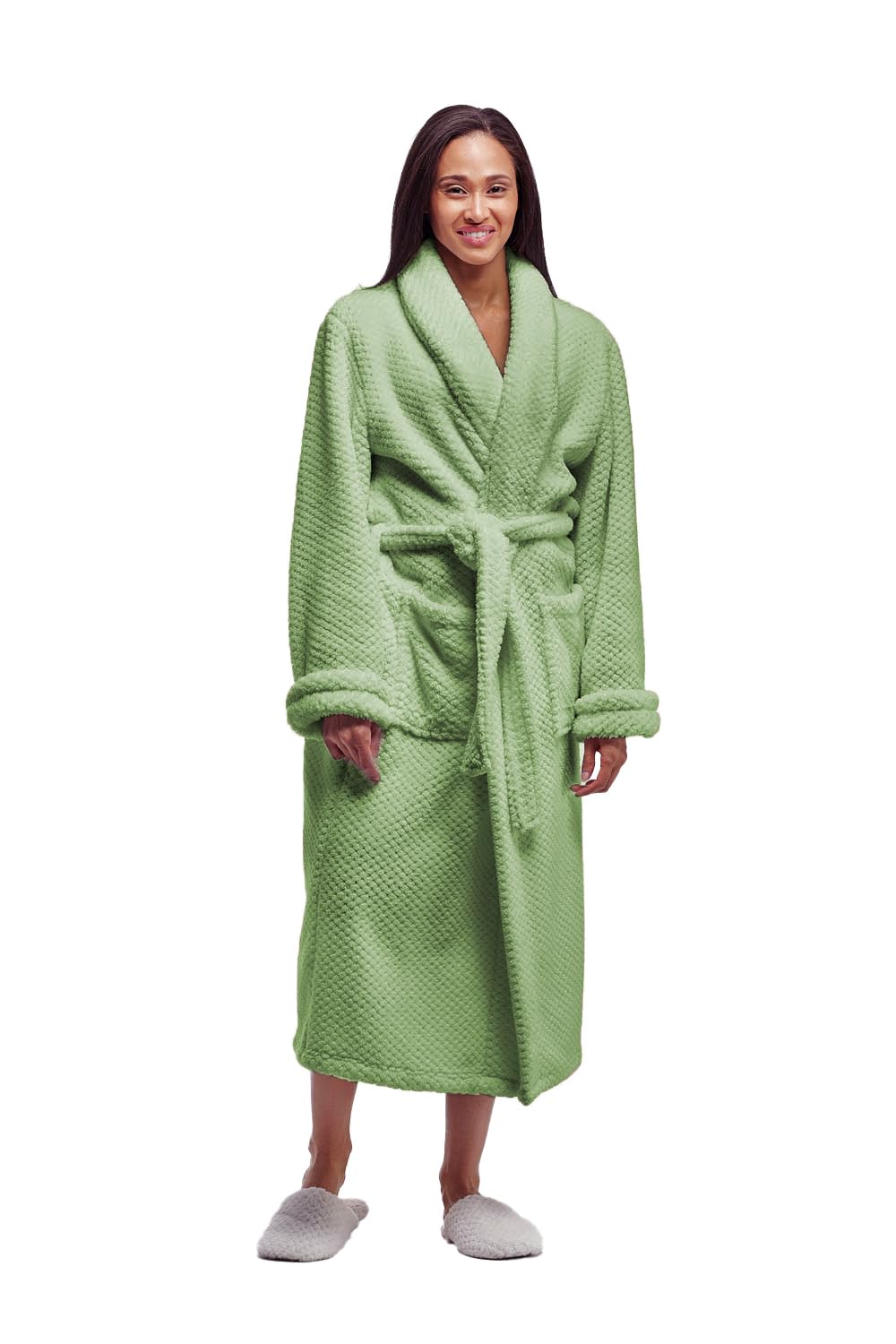 LA CERA Women's Fleece Robe - 100% Polyester, Honeycomb Pattern, Long Sleeve, Belted, Two Front Pockets, Stylish and Cozy