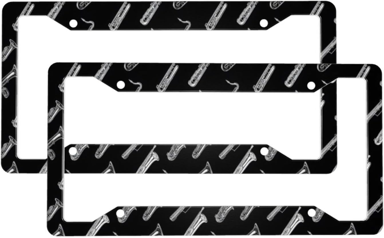2 Pcs Car License Plate Frames for Women Men – Vintage Saxophone White Print Aluminum Solid License Plate Cover for Car Accessories for Women Men