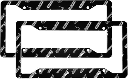 2 Pcs Car License Plate Frames for Women Men - Vintage Saxophone White Print Aluminum Solid License Plate Cover for Car Accessories for Women Men