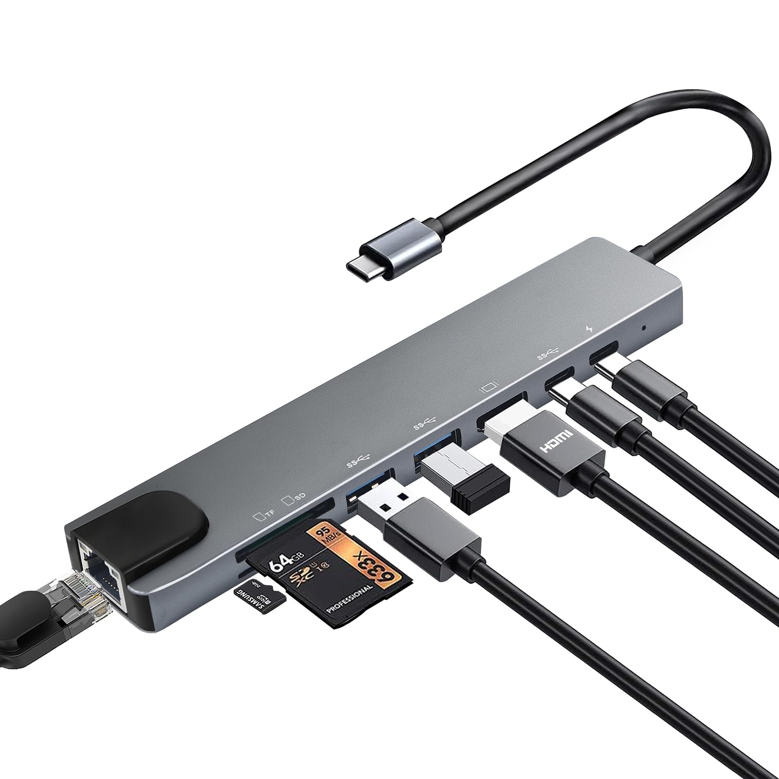 8 in 1 USB C Hub, USB C Multiport Adapter mit Ethernet, PD 100W, 4K HDMI, USB 3.0 & USB 2.0 Anschlüsse, SD&TF Kartenleser, Typ C Hub für MacBook Air/Pro, iPad, Samsung, Dell XPS, HP