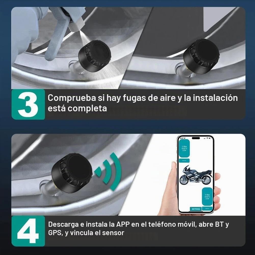 Sistema TPMS para motocicleta y coche - Monitorización de presión de neumáticos compatible con Bluetooth 5.0 con sistema Jump 2000A/1200A de arranque