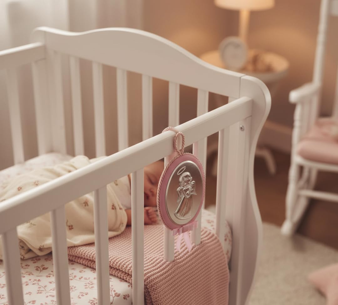 Medaglione Musicale Capoculla Sopraculla Ovale con Angelo in Argento, Personalizzabile con Incisione del Nome, Idea Regalo per Nascita o Battesimo da Appendere alla Culla del Neonato Rosa