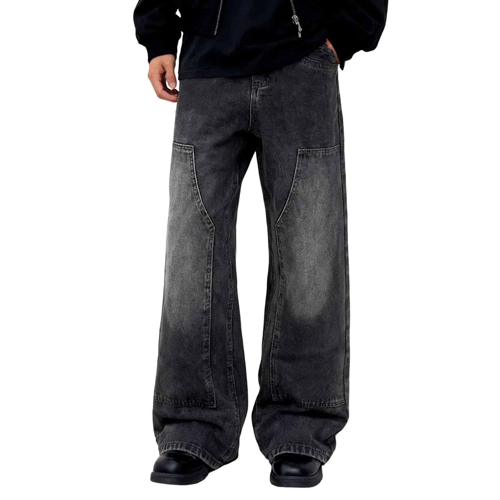 Jeans da uomo, stile vintage, largo, taglio dritto, in tinta unita, stile retrò, patchwork, per il tempo libero, casual, streetwear, outdoor, jeans da uomo
