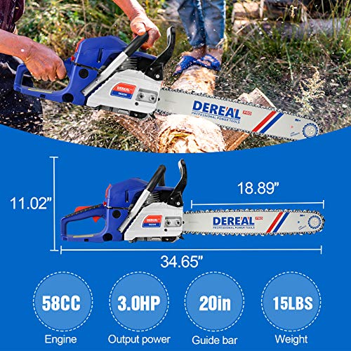 DEREAL Pro 58cc-Gas Chainsaw-20 Inch Bar Gasoline-Power Chain Saws 2-Cycle Automatic Chain Oiler Garden Tool for Trees Cutting Outdoor Home Farm Use