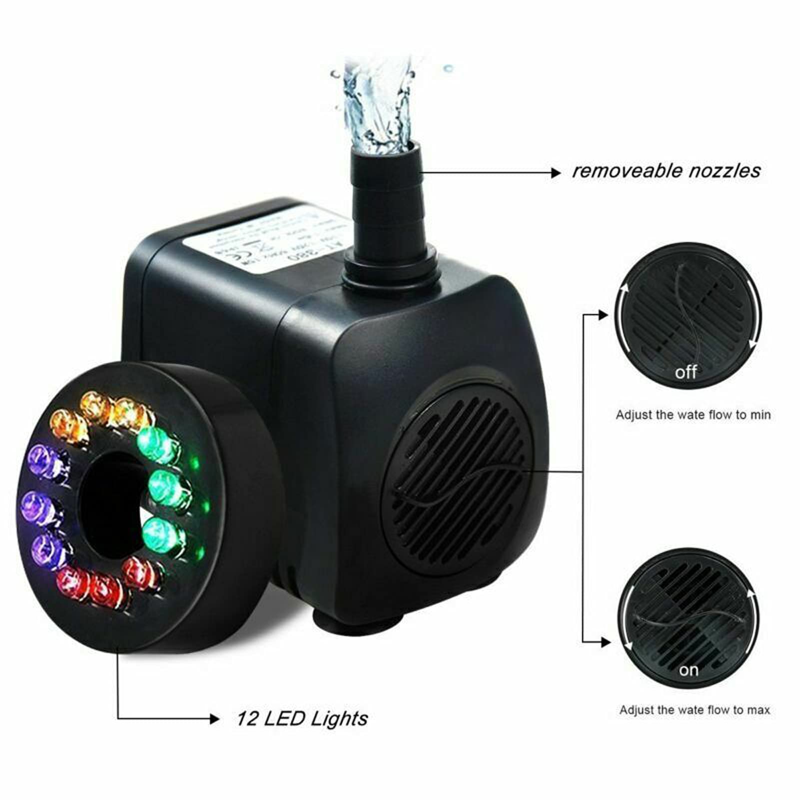 Pompa per laghetto Pompa ad acqua per fontana elettrica con pompa sommergibile per piscina da giardino con luce a 12 LED 15W(EU PLUG)