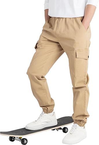 Miniatura 2 de CAMLAKEE Pantalones cargo para niños, cintura elástica, pantalones deportivos de sarga para niños
