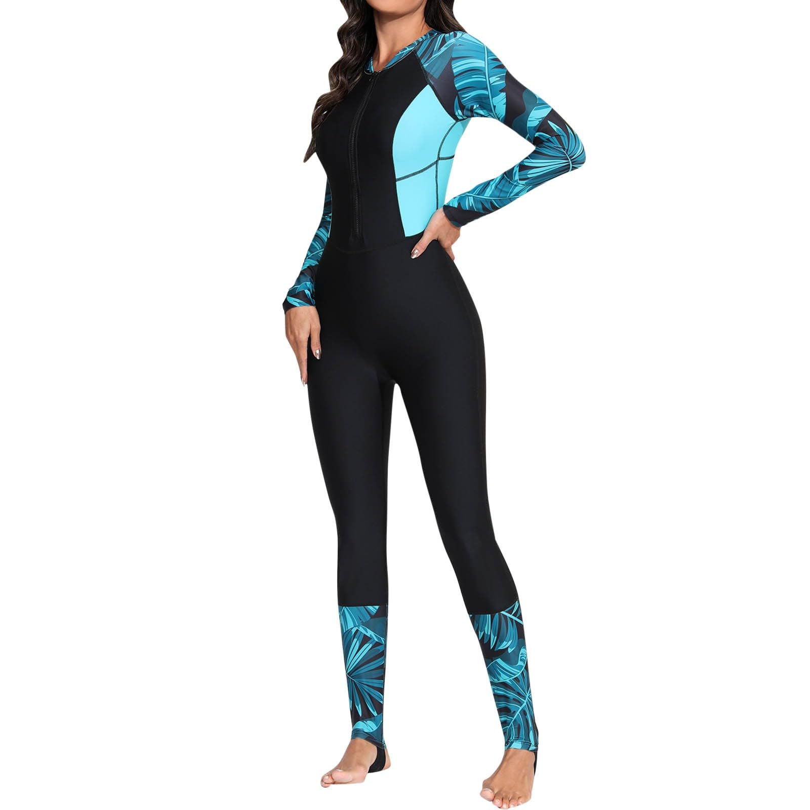 Generisch Damen-Mode-Reißverschluss-Badeanzug für Sport Surfbekleidung mit Sonnenschutz -Schutz Langarm Rash Guard