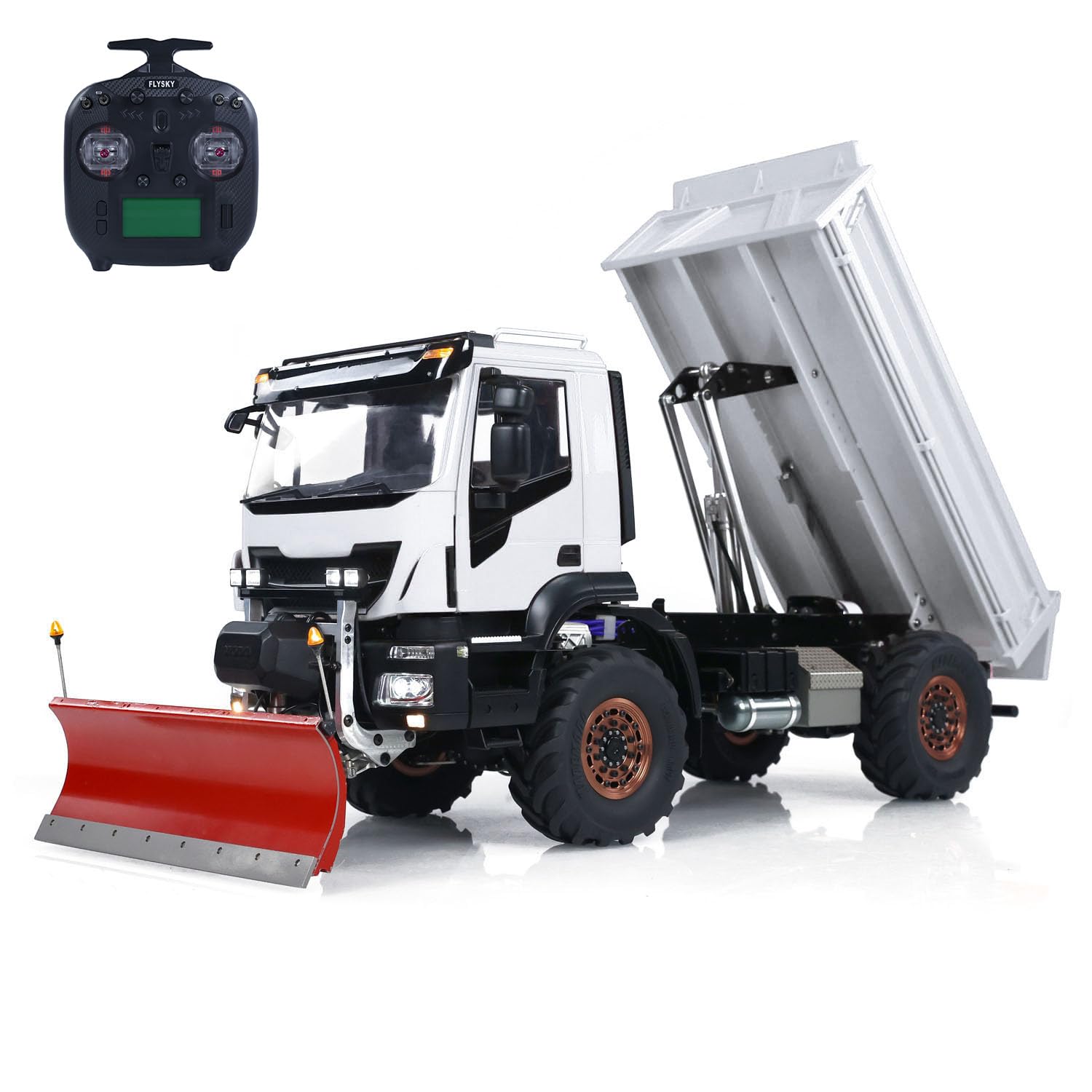 Camion benne hydraulique 1/14 RC 4 x 4 en métal RC avec pelle à neige transmission 2 vitesses son léger contrôleur radio I6S