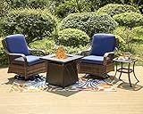 PHI VILLA 4 Piece Outdoor Swivel Rocker Chairs Patio Furniture Set with Gas Fire Pit Table Square, Wicker Patio Conversation Fire Pit Table Set for Garden, Deck, Porch, Backyard (Navy Blue)