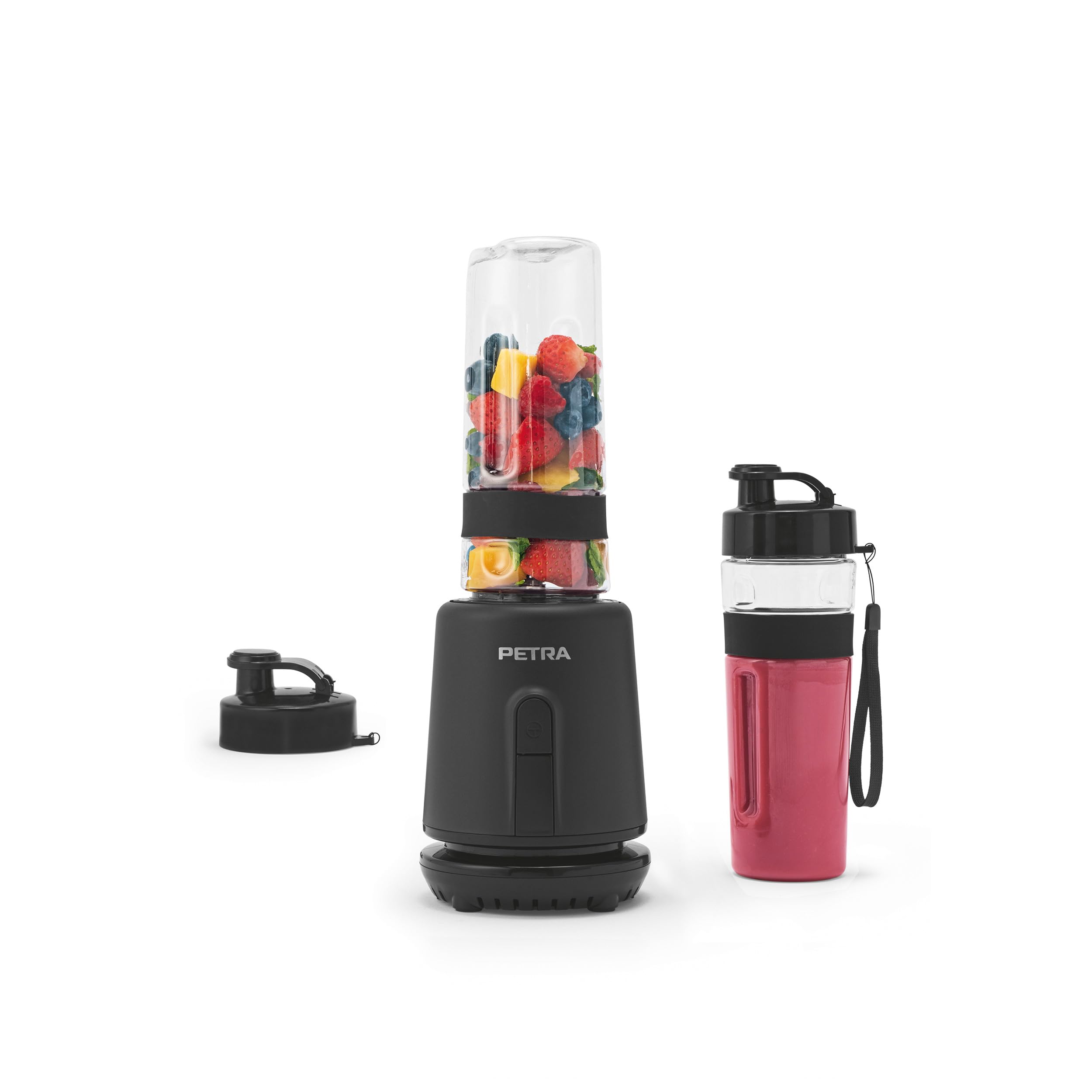 Petra Personal Blender 350 W with 2 bottles of 600 ml | Stainless steel blade, 2 leak-proof caps, one touch, compact design, non-slip feet, cable catcher