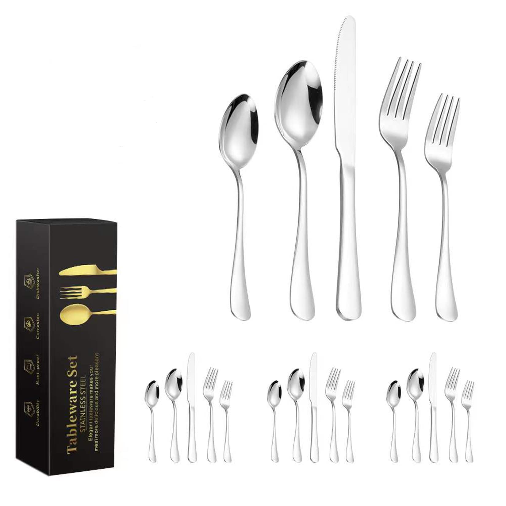 Silverware Set 20 Piece Silverware Flatware Cutlery Set for 4, Smooth Edge Stainless Steel Tableware Includes Dinner Forks/Knives/Spoons, Mirror Polished, Dishwasher Safe