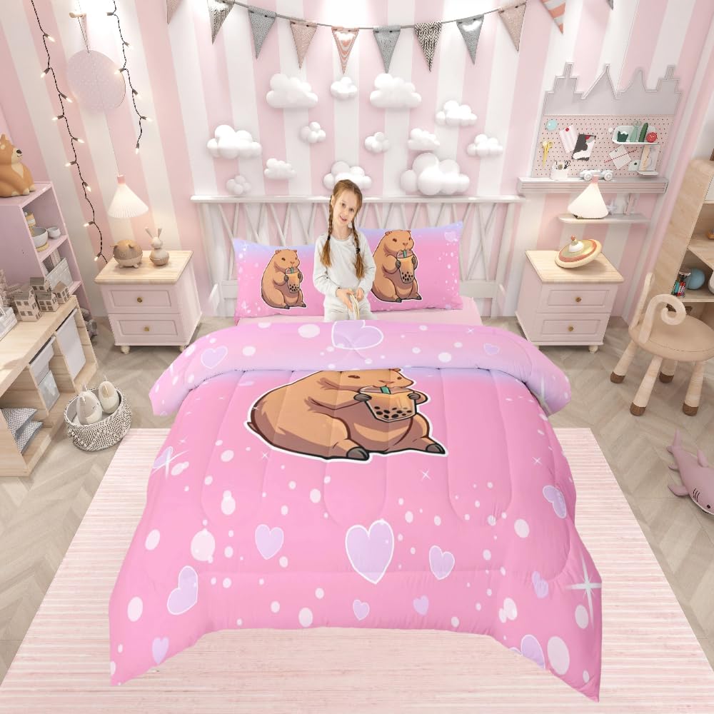 Loussiesd Sweet Heart Super King Capybara Bedding Set for Kids Pink Blue Duvet Cover Kawaii Animal Comforter Cover 3Pcs Room Decor