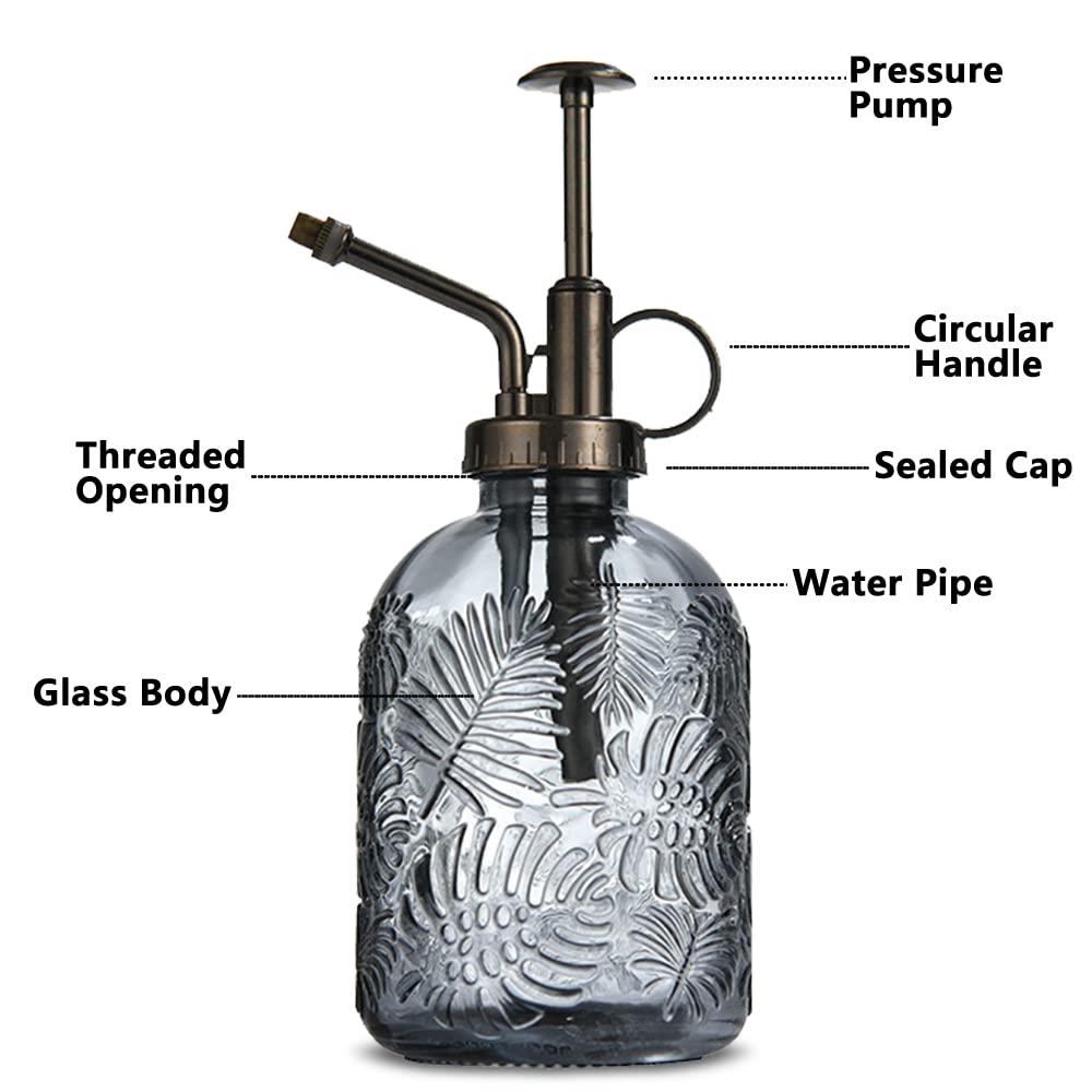 Pflanzen Glas Sprühflasche, 360ml Retro Relief Pflanzensprüher mit Pumpe, Fortschrittlich Blumen Zerstäuber Drucksprüher für Balkon Kleiner Gartenpflanzen Indoor Haus Oder Büro - Grau