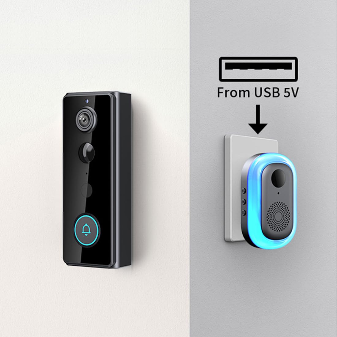 Campanello video wireless 1080P con campanello, WiFi 2.4Ghz, rilevamento movimento PIR, audio a 2 vie, Wi-Fi 2.4G, alimentazione a batteria, visione notturna, archiviazione cloud, sorveglianza
