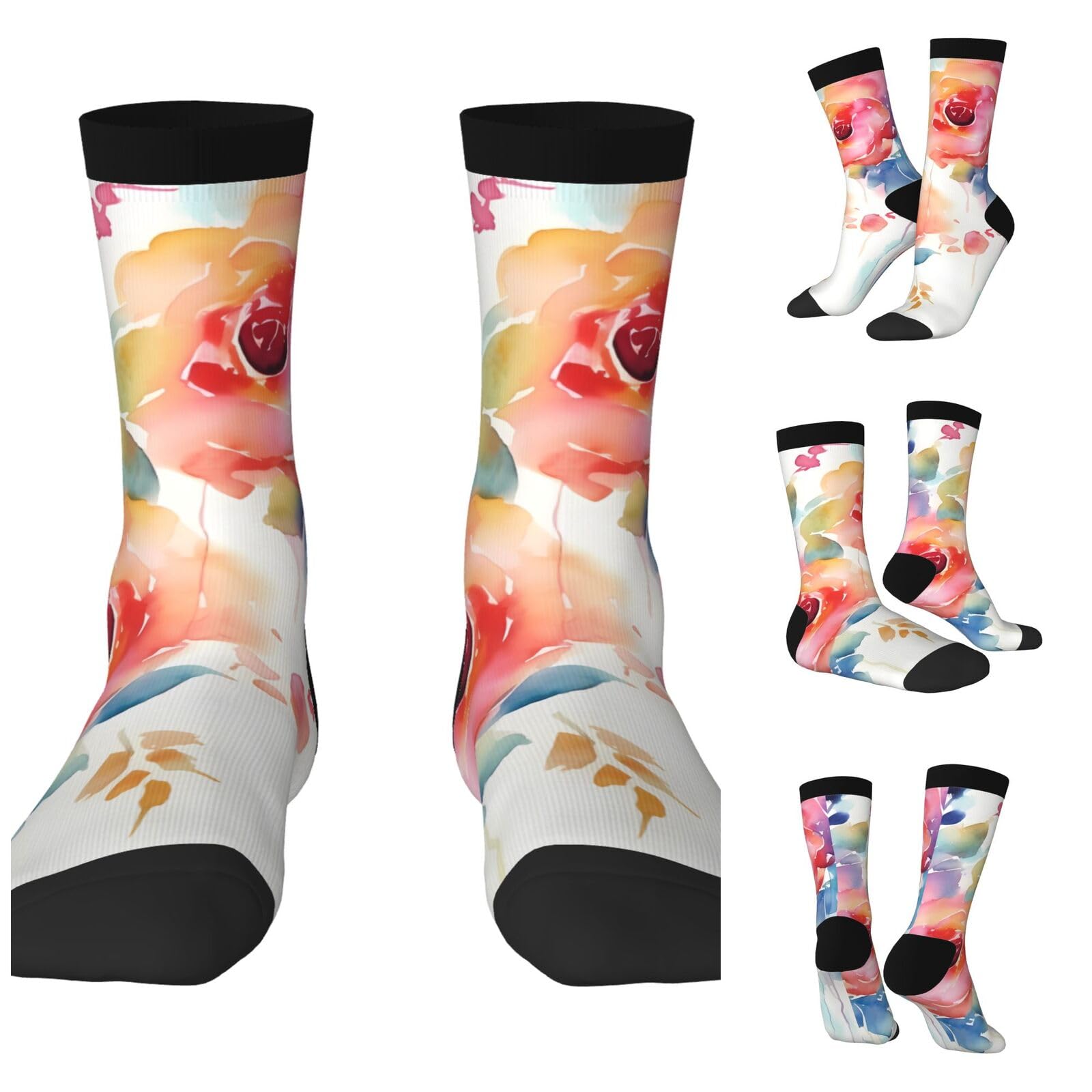 LZQPOEAS Watercolor Floral Athletic Socks Unisex Cushioned Crew Socks Hiking Running Calf Sock Soft Above Ankle Sock