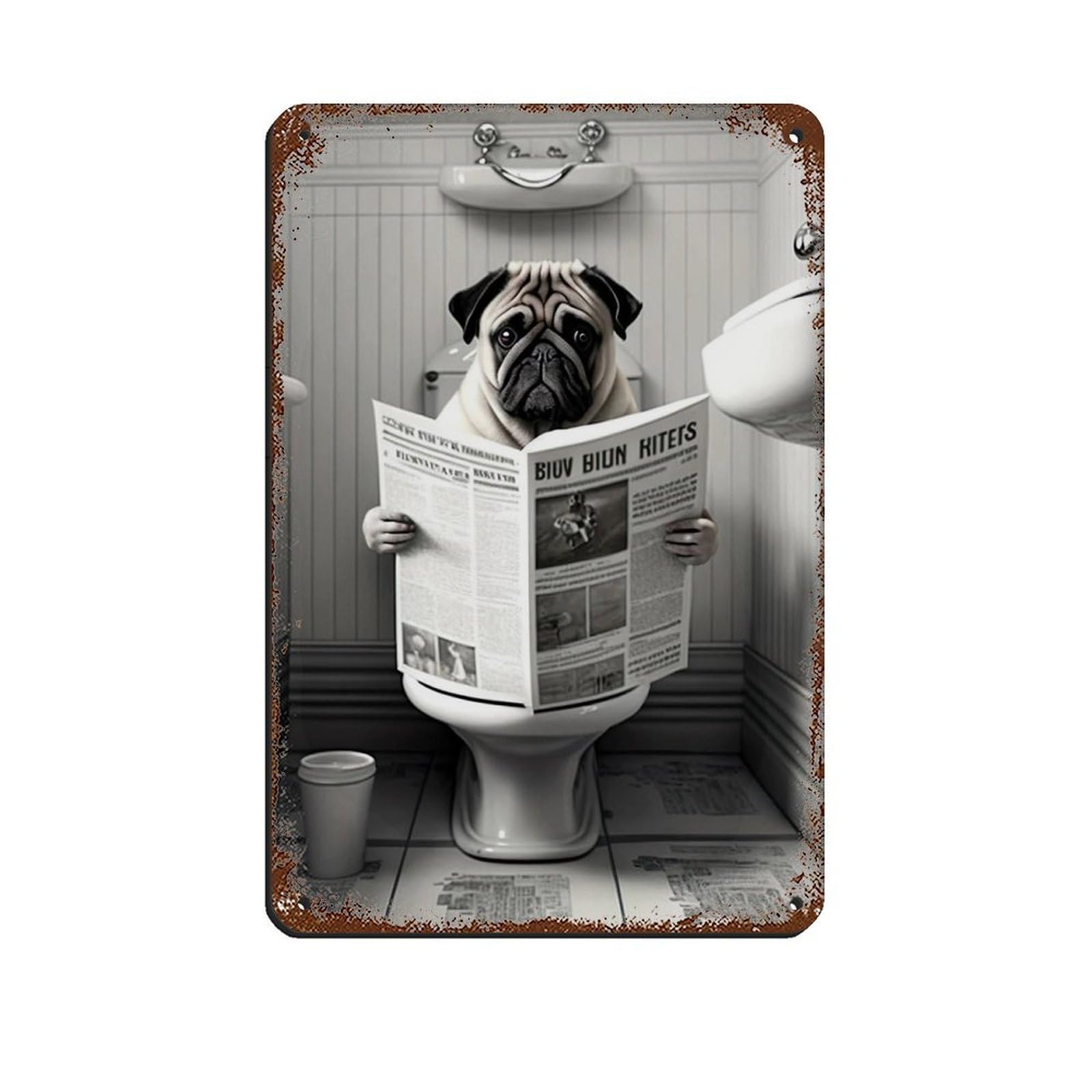 Pug Sitting on The Toilet Reading A Newspaper Tin Sign Vintage Metal Pub Club Cafe Bar Home Wall Art Decoration Poster Retro 8x12inch(20x30cm)