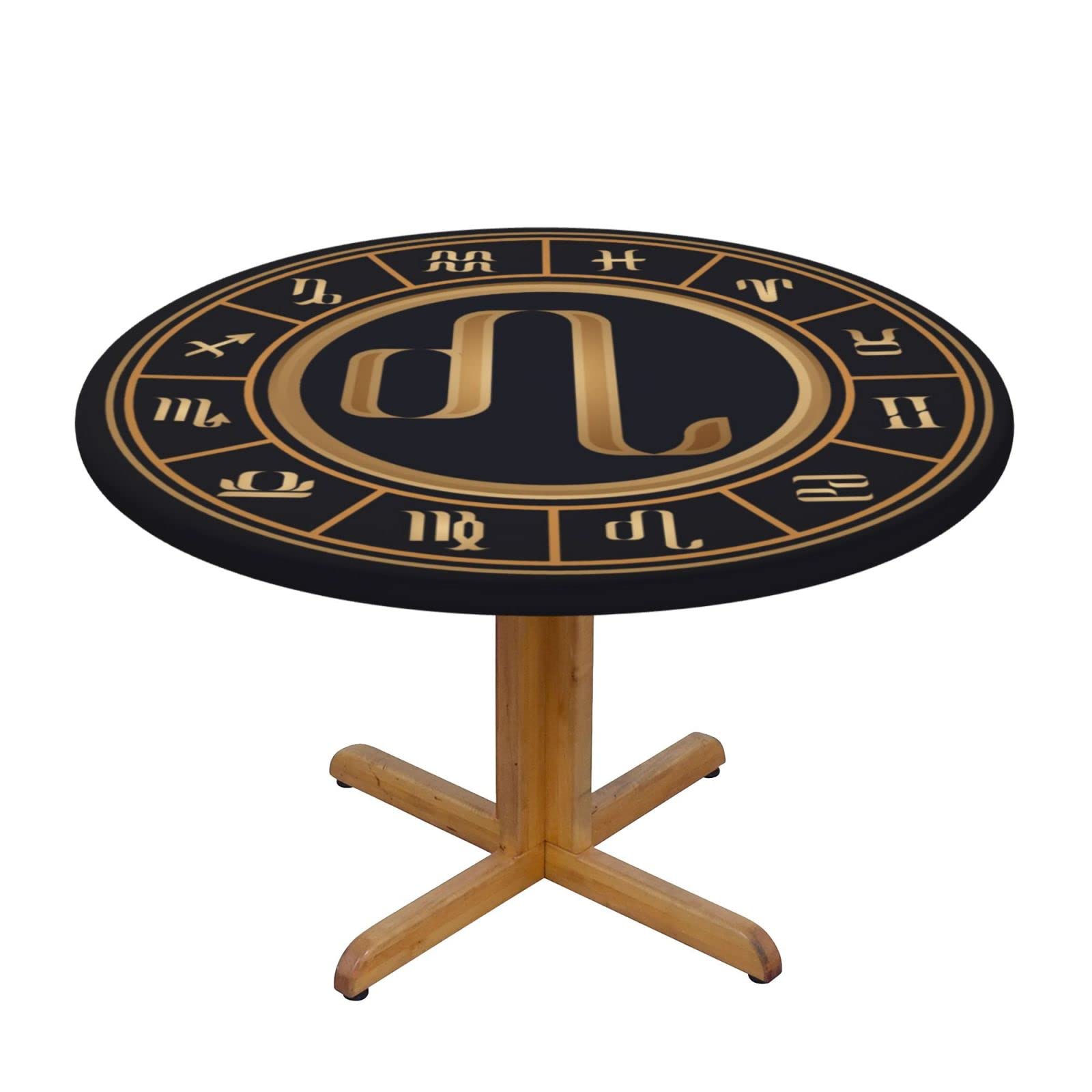 Lsjuee Round Fitted Tablecloth 45-50in Elastic Edged Table Cloth for Kitchen Dining Party Home Decor - Leo Twelve Zodiac Symbol Black