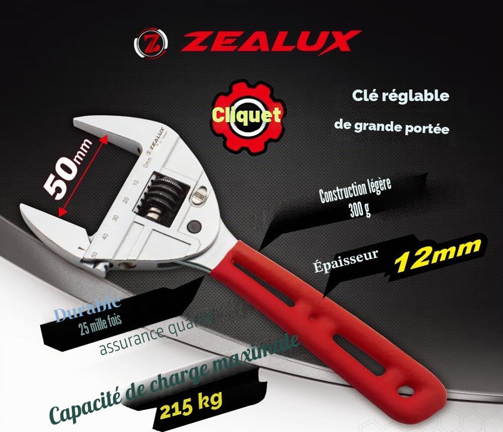 Zealux Clé à cliquet 50 mm – Acier au chrome vanadium, résistant à la rouille, poignée ergonomique pour une utilisation facile