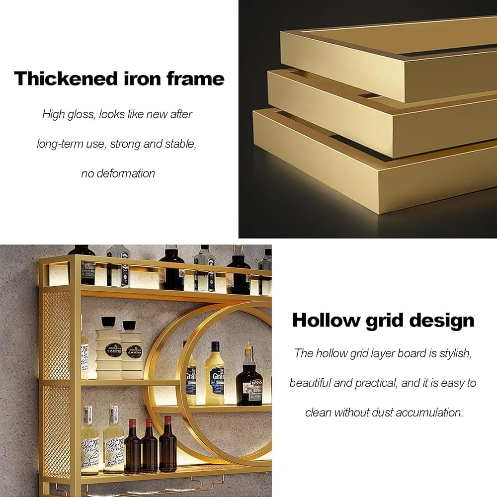 Moderno estante de pared con luz LED, estantes flotantes para botellas de licor y copas de vino colgantes, perfecto para cocina y sala de estar