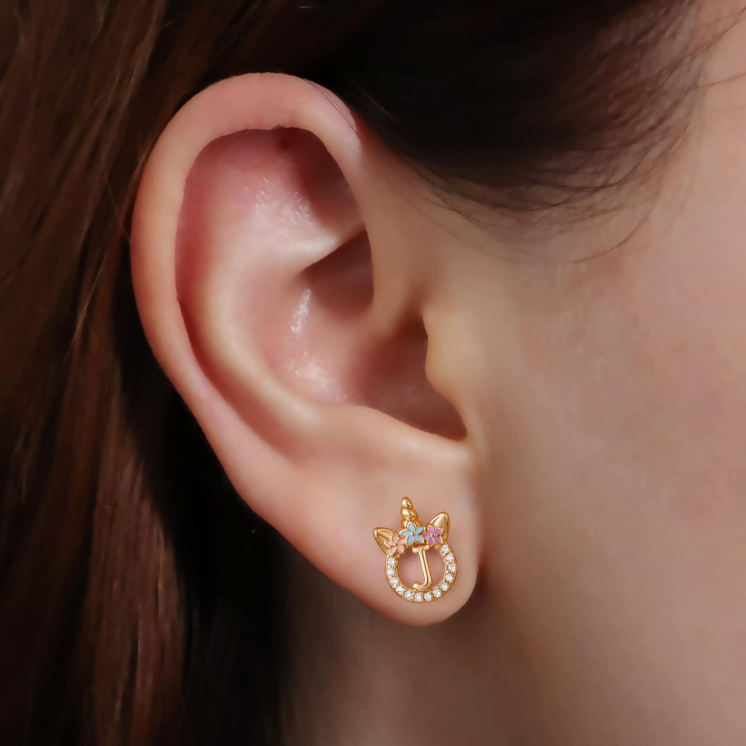 925 Sterling Silver Unicorn Earrings, 14K Gold/Rose Gold/Silver/Unicorn Earrings for Girls Kids Toddler Little Girls Hypoallergenic Letter Initial Earrings for Girls Christmas Gifts - Image 5