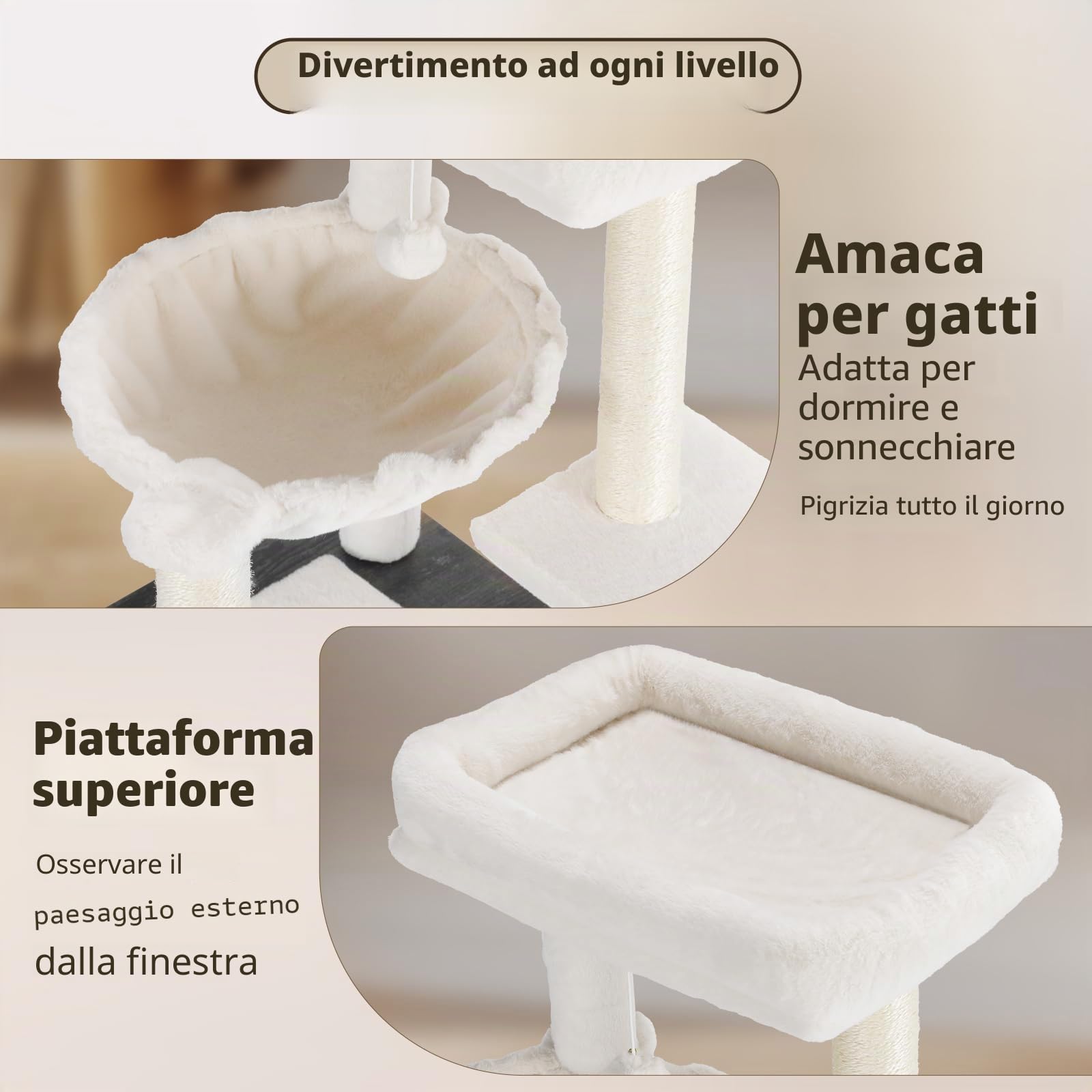 MAMIZO Tiragraffi con armadietto per gatti, 2 in 1, nido rimovibile per gatti in peluche, altezza 119 cm, lavabile, cuscini in peluche, mobili per gatti, tiragraffi in legno, tronchi in sisal, amaca