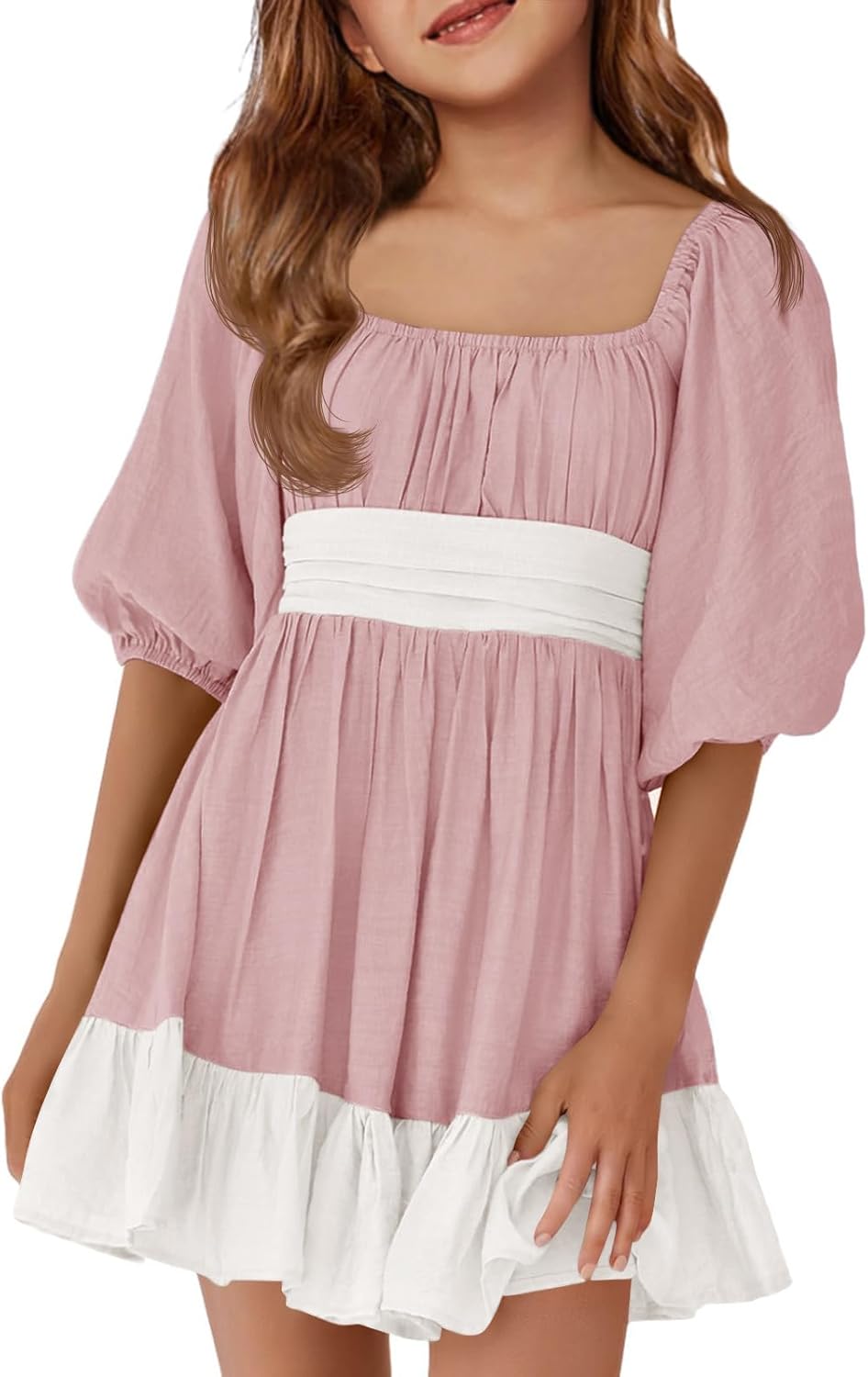 Girls Summer Dresses Square Neck Lantern Sleeve Tie Backless Ruffle A-Line Party Mini Dress