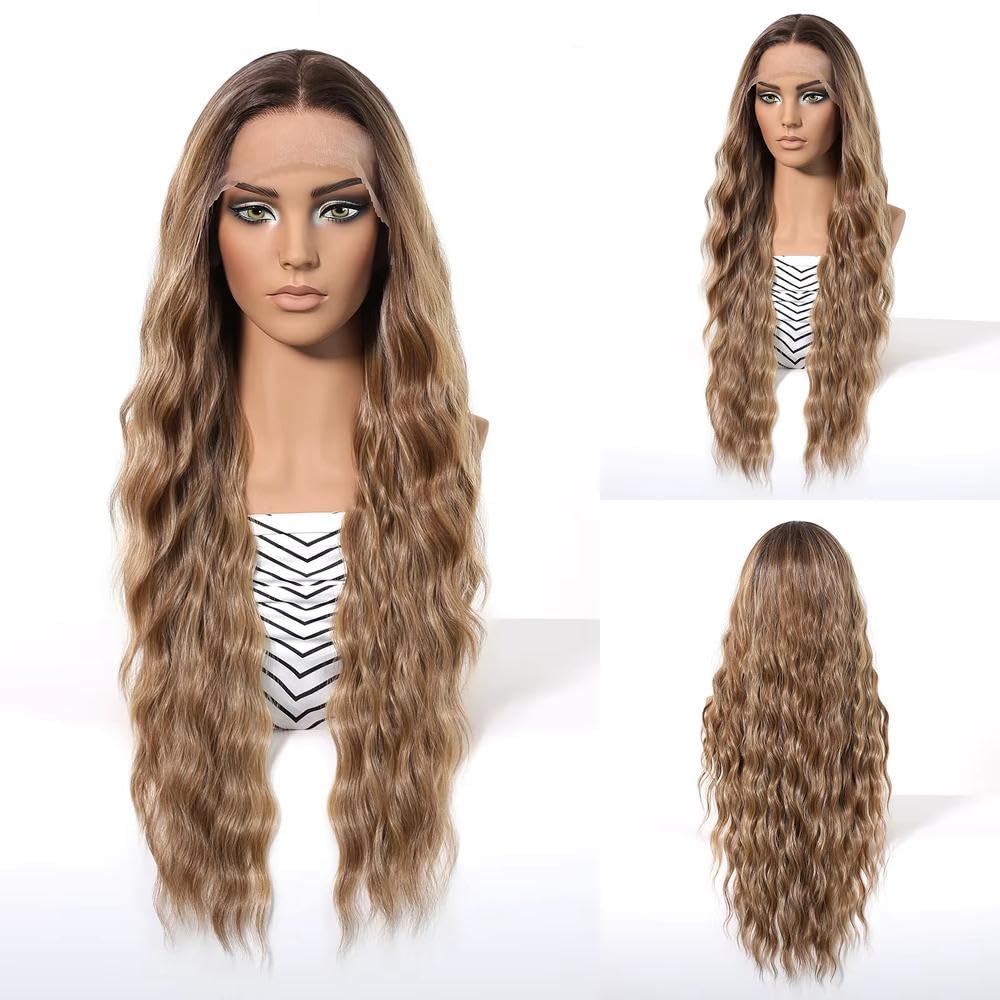 Haarpflege 13x6 HD Lace Front Perücke 76,2 Cm Lang Gewellt Ombre Blond Perücken Ohne Kleber Vorgezupft Hitzebeständig(Warm Brown Balayage)