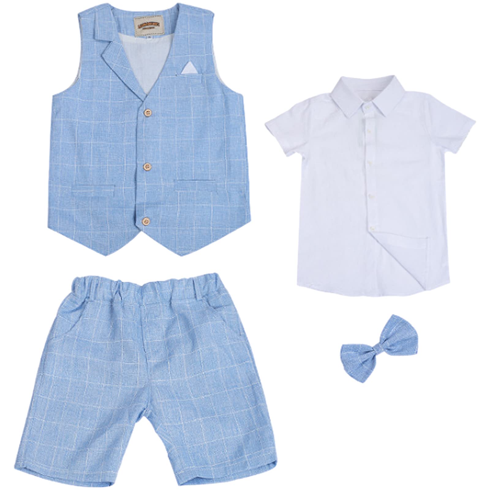 4 pièces Garçons Été Shorts Costumes Ensemble Coupe Ajustée Gilet Chemise Shorts Nœud Papillon Tenue Vêtements