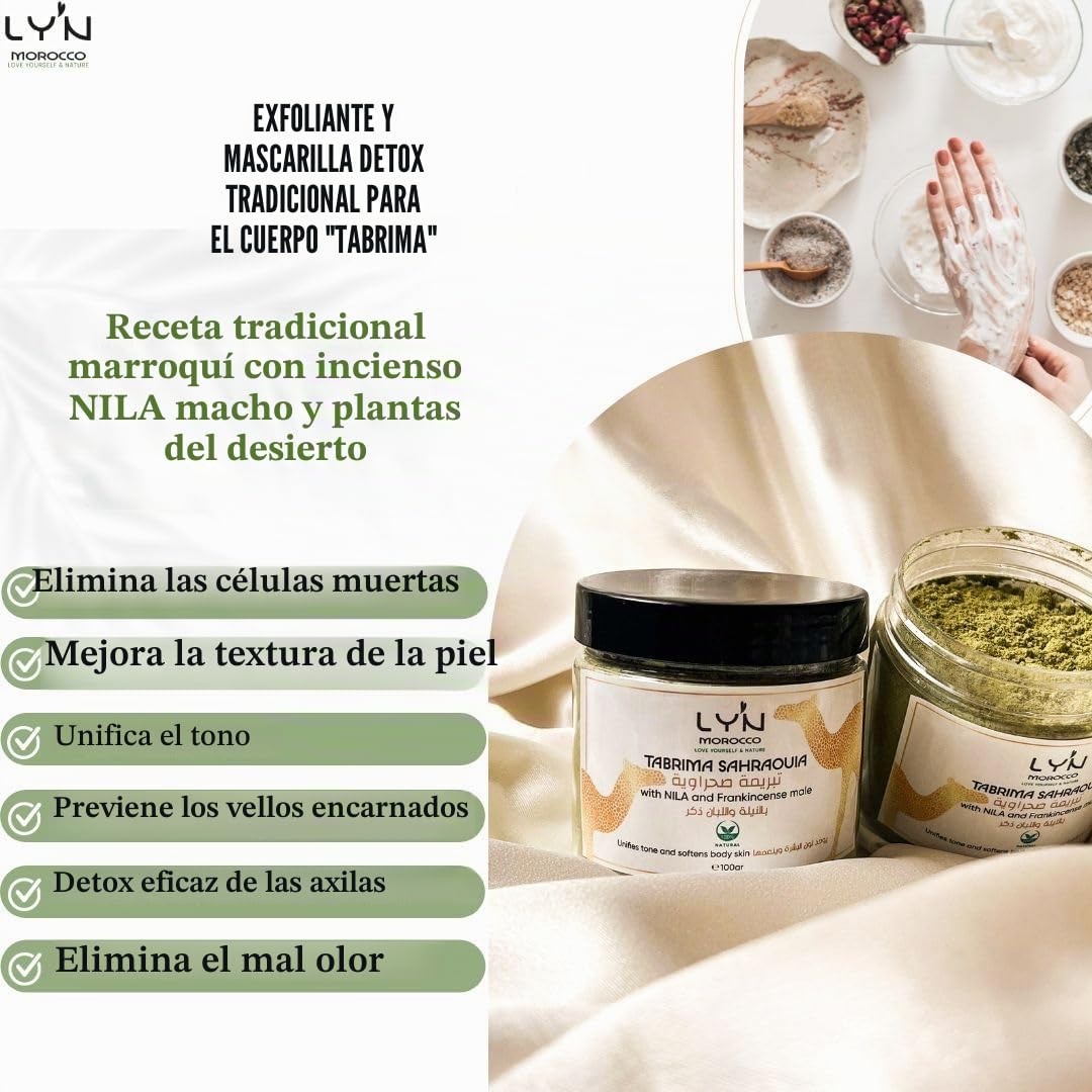Exfoliante Corporal Brillo y Antirugosidades (Tabrima), 100%Natural y Orgánico con NILA, Oliban y Plantas-Para Queratosis, Celulitis, Desintoxicación Axilas, Antes del Bronceado y Depilación-Efectos