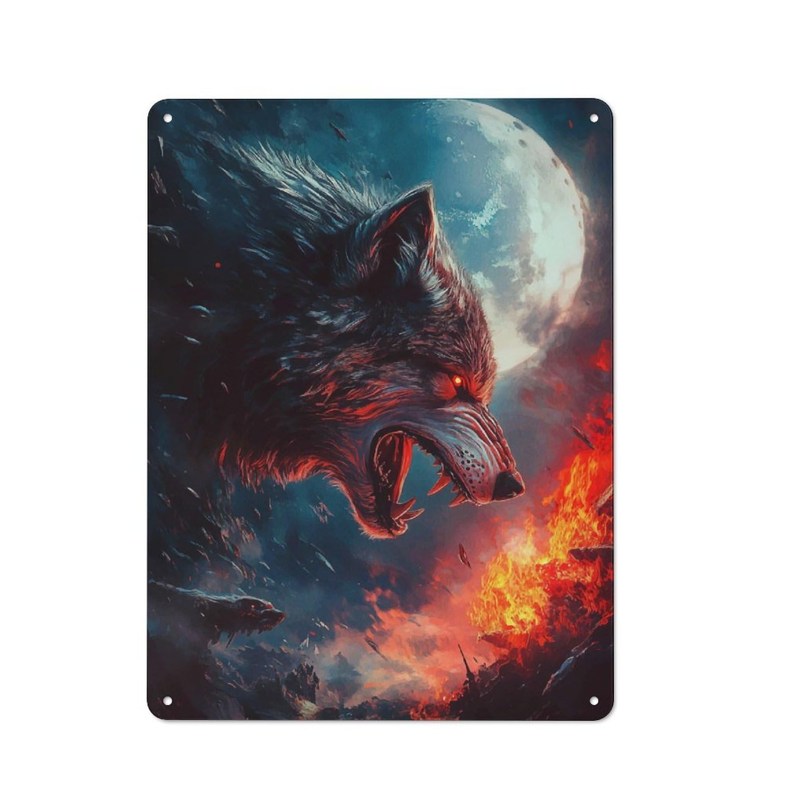 Junmoney Style Fiery Wolf Under Full Moon Vintage Tin Sign 40X30cm, Vintage Diner Decor For Kitchen, Cafe, Pantry Or Dining Room