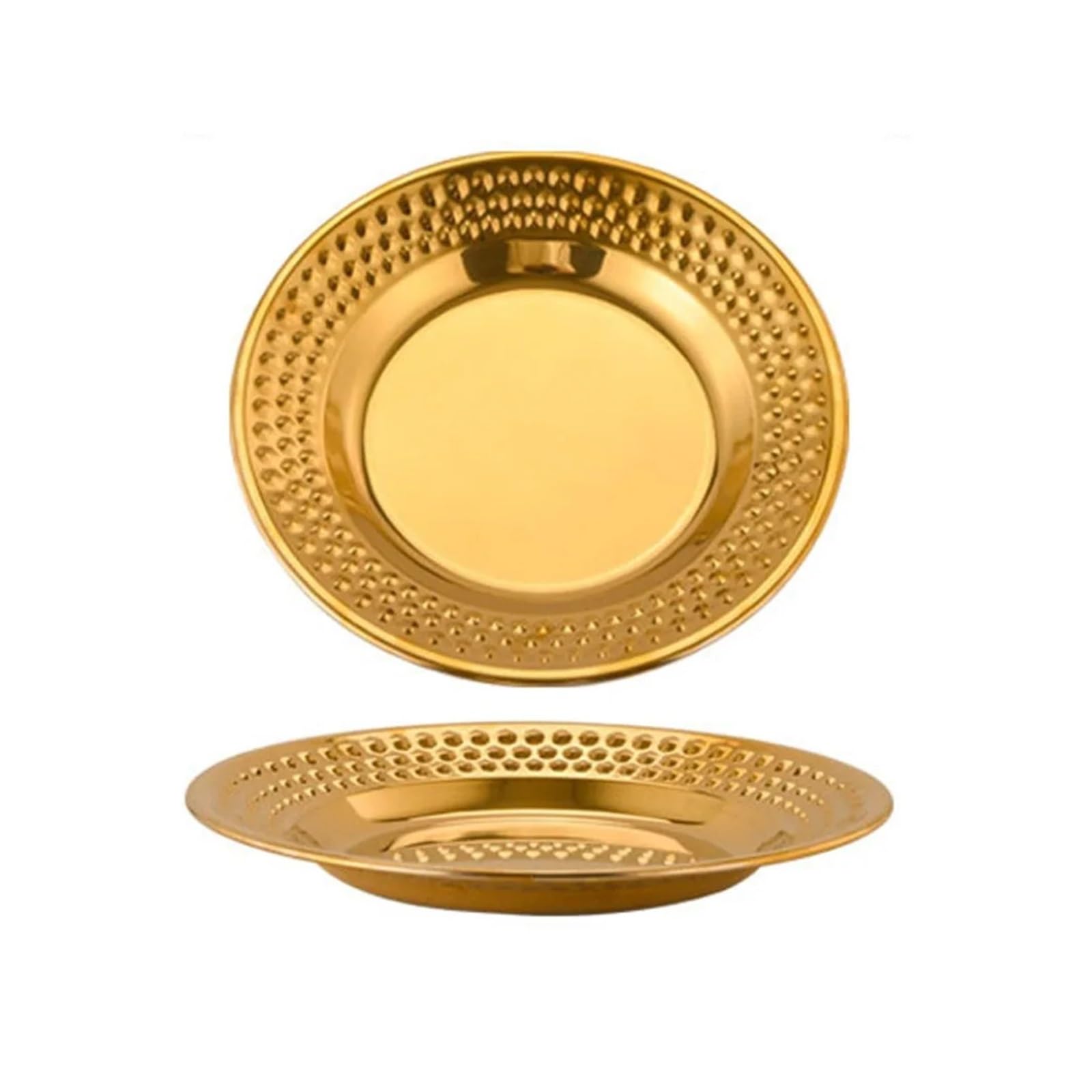 Hammered Tray Simple Stainless Stee Dinner Plate Portable Fruit Hammer Pattern Round Cake Table Decor for CoffeeJewellery(Gold,24cm)