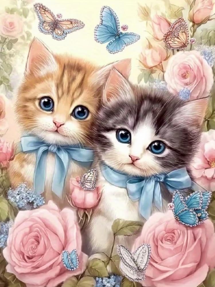 Renqidian 5D Diamond Painting Kits Two Cats DIY Diamond Art Picture Adults Beginners Crystal Arts and Crafts for Home Wall Decor(40x50 cm)