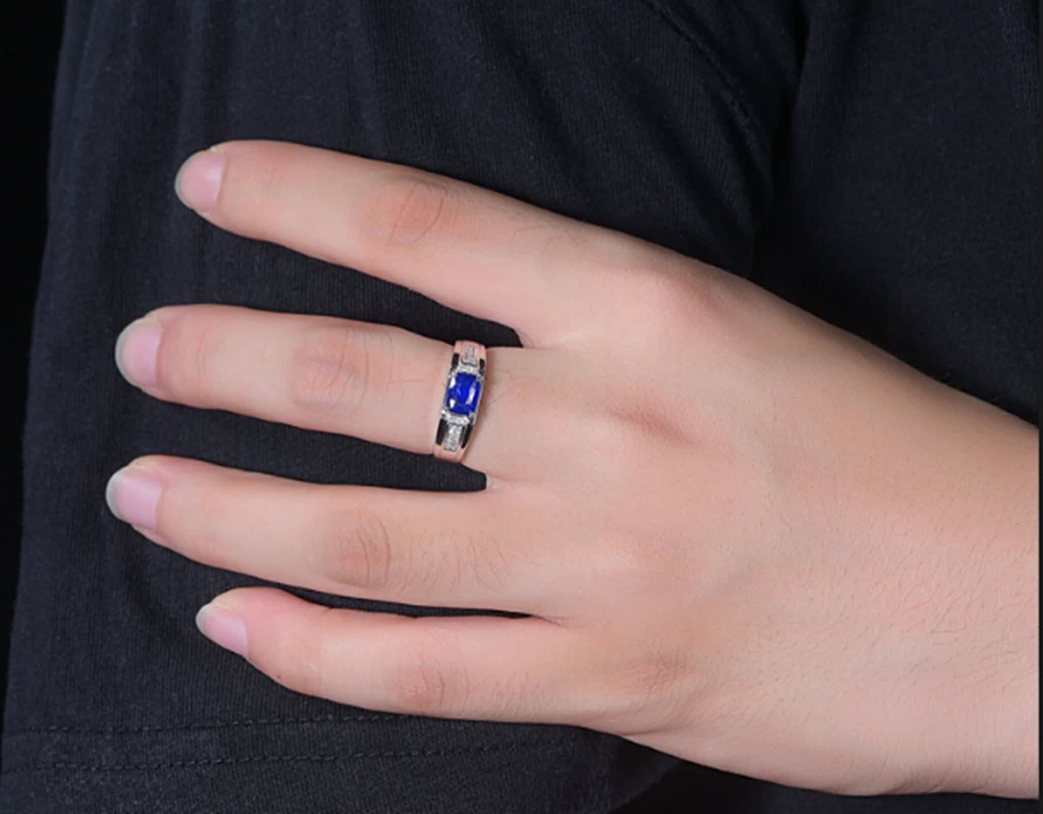 Anillos Mujer Plata Zafiro, Anillo Matrimonio Azul Oro Blanco 18K Azul Forma Rectangular Diamante Blanco para Esposo con Joyero