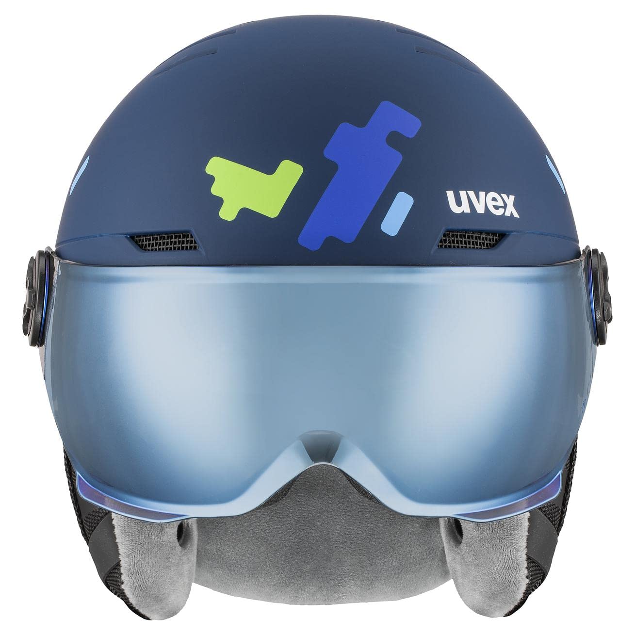 uvex rocket jr visor, Kask narciarski unisex-dzieci, blue puzzle matt, 54-58 cm