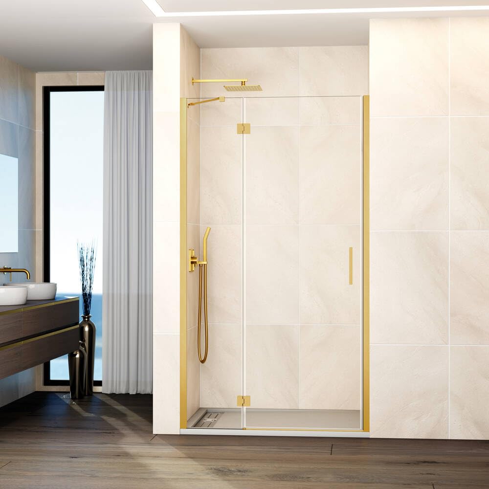 GME - Mampara Ducha Frontal 1 Puerta Fija + 1 Corredera 120cm Oro | Mampara de Cristal con Perfilería de Aluminio y 195cm de Altura | Cristal Templado 6mm Antical Y Cierre Magnético