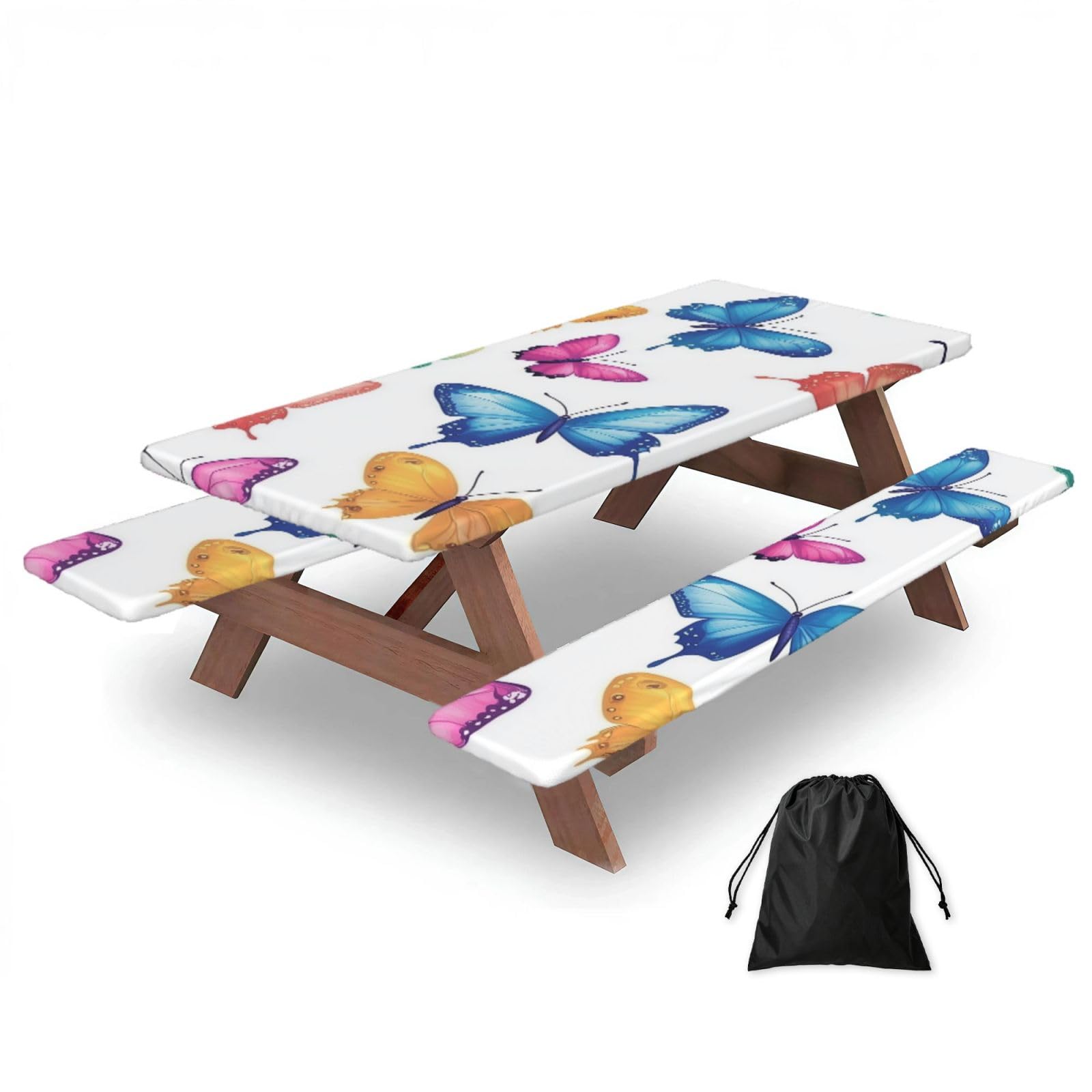 Nappe de pique-nique ajustée avec housses de banc, nappe élastique ajustée, motif papillons colorés, 182,9 cm, imperméable, pour camping, extérieur
