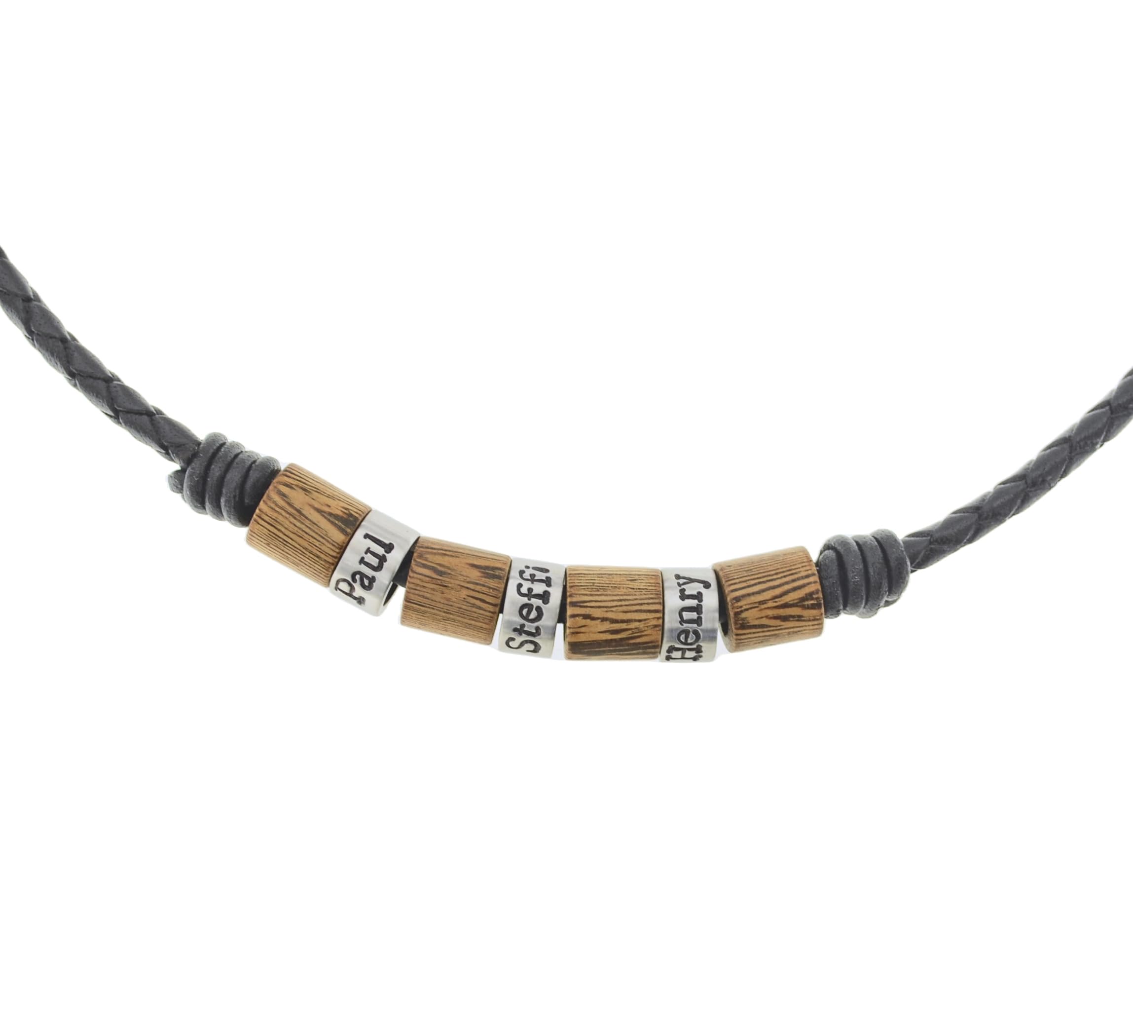 Personalisierte lederkette herren mit gravur namen kette aus leder mit 3 anhängern individuell wählbar geschenk für männer mit holzperlen und edelstahl elementen