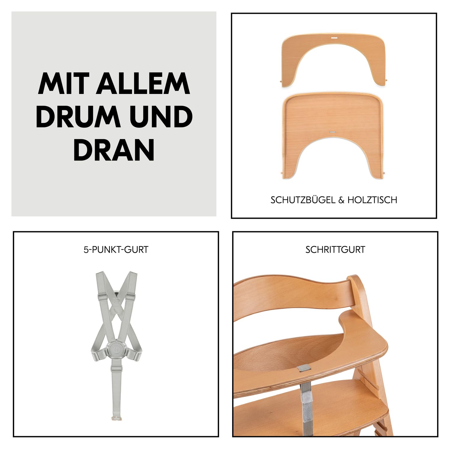 Hauck Beta+ Mitwachsender Holzhochstuhl Set mit Rädern, Buche, Sitzkissen, Essbrett, Schutzbügel, 5-Punkt-Gurt, ab 6 Monaten bis 90 kg