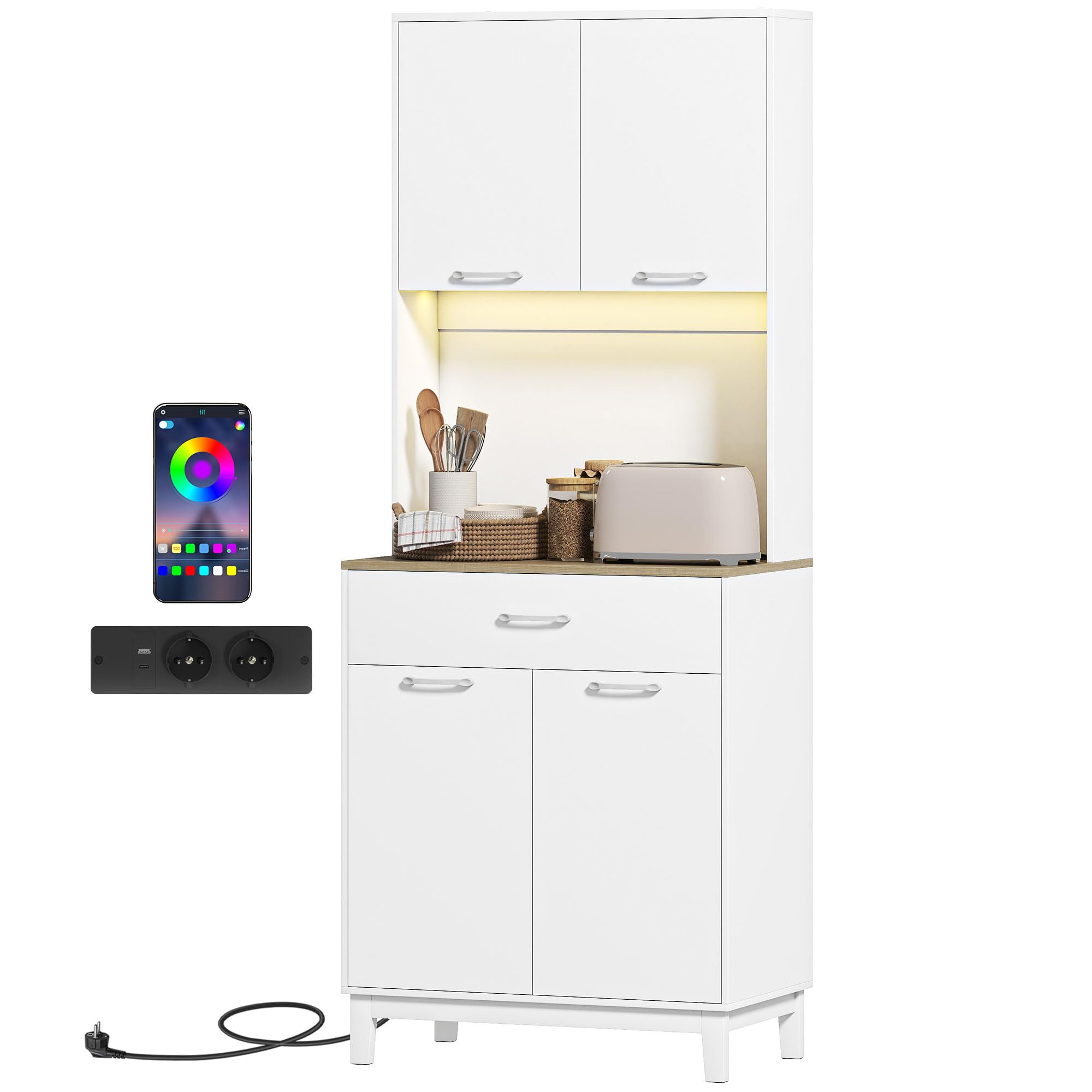 HOMCOM Credenza Cucina, Mobile Dispensa con Luci LED e Stazione di Ricarica con USB, Mobile Cucina con 2 Armadietti, Cassetto, Ripiani Regolabili, per Sala da Pranzo, Soggiorno, 71x40x180 cm, Bianco