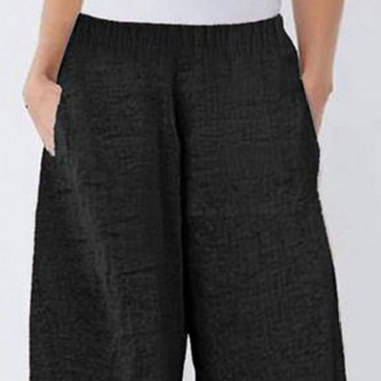 Maiyifu-GJ Women's Printed Linen Wide Leg Pants Summer Elastic Waist Beach Harem Trousers Lightweight Cropped Bottoms Pants (Black,XX-Large)