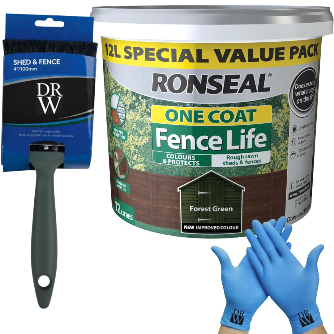 Drw Forest Green One Coat Shed & Fence Protector 12L + Free 4" Fence Paint Brush & Nitrile Gloves | Long-Lasting Weatherproof Wood Protection | One Coat Formula For Sheds, Fences & Timber